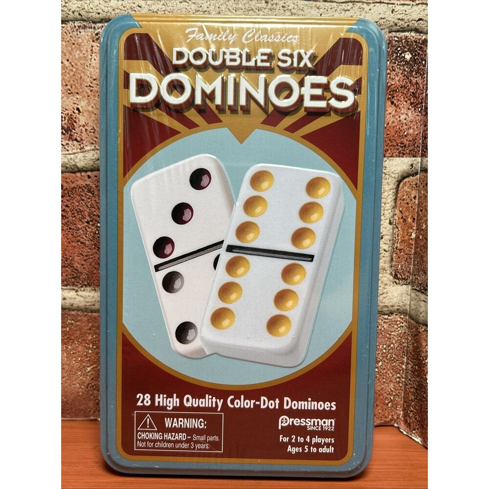 28 Color-Dot Double Six Dominoes In Tin Pressman Family Classics New